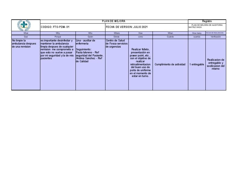 Plan de Mejora en Salud y Seguridad | PDF | Cuidado de la salud