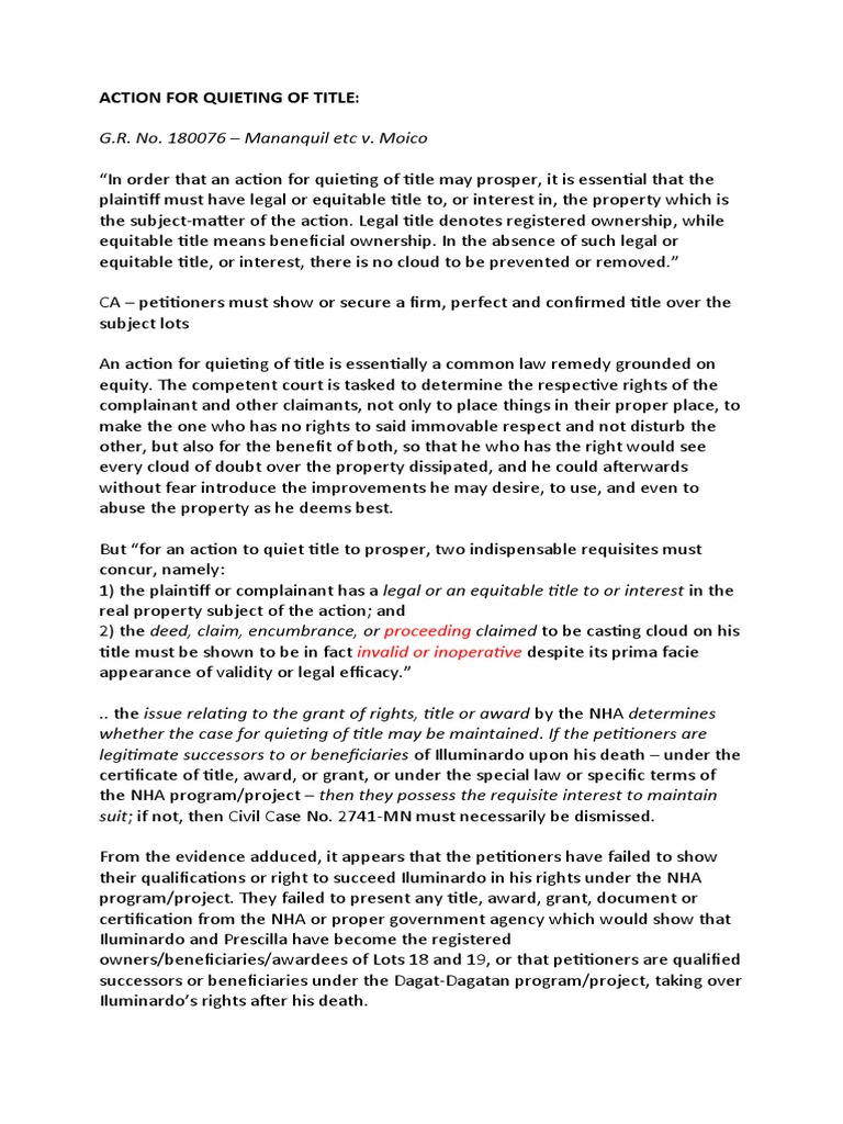 Quiet Title Jurisprudence PDF Title (Property) Equity (Law)