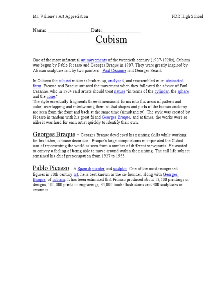Cubism Notes | PDF | Cubism | Pablo Picasso