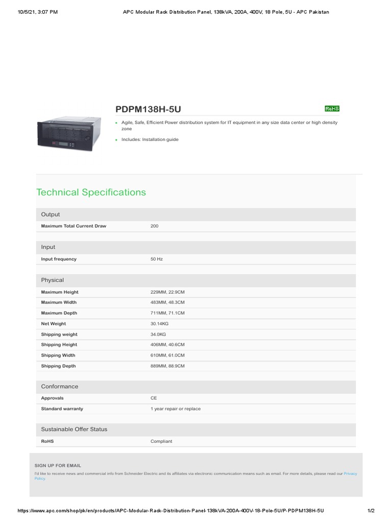 APC Modular Rack Distribution Panel, 138kVA, 200A, 400V, 18 Pole, 5U ...