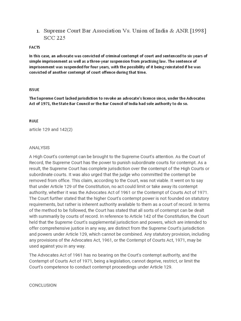 Supreme Court Bar Association vs. Union of India & ANR (1998) SCC 225 PDF Contempt Of Court