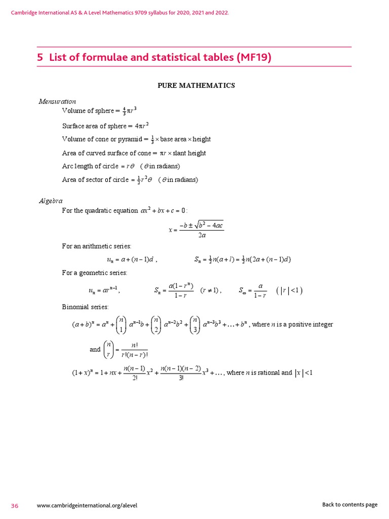 5 List of Formulae and Statistical Tables (MF19) : Mensuration R ...