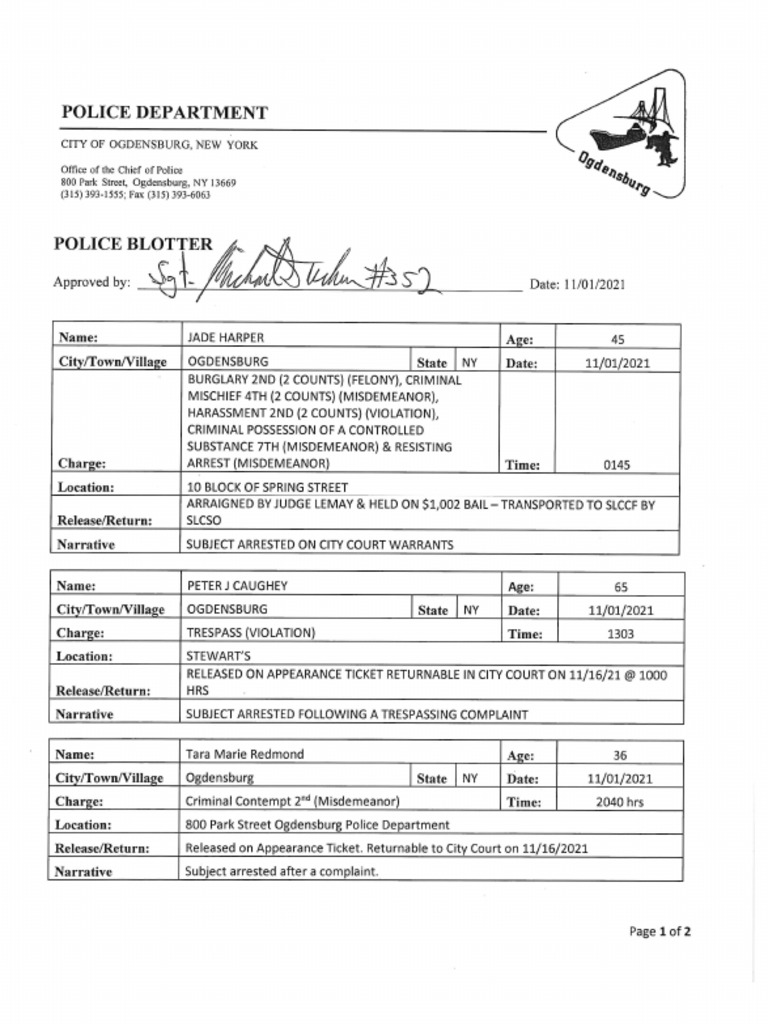 Ogdensburg Police Department Nov. 1, 2021 PDF