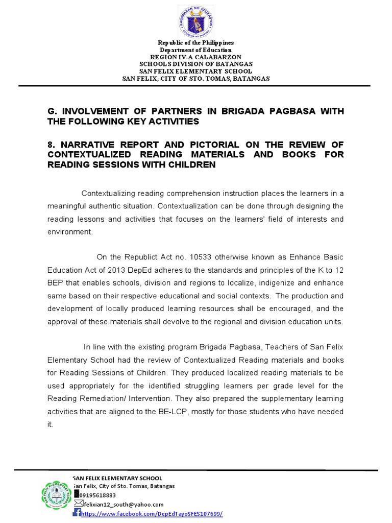 G.8. Review of Contextualized Reading Materials and Books For Reading Sessions With Children