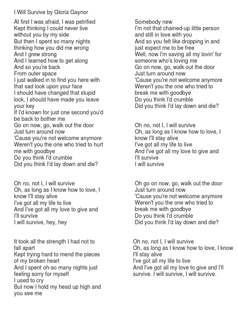 Gloria Gaynor I Will Survive Lyrics I Will Survive Lyrics | PDF