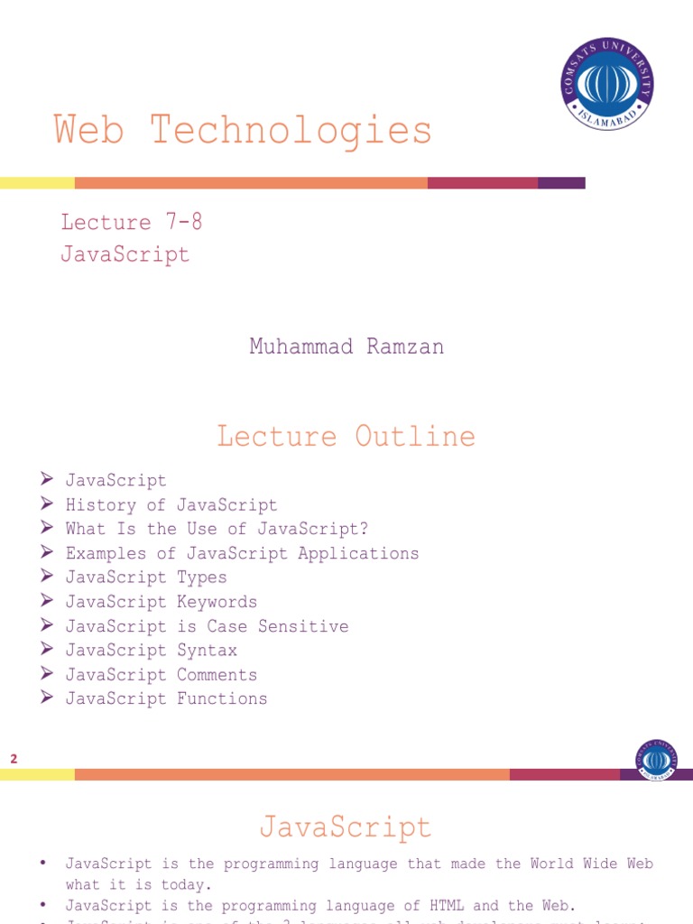 Lecture 7-8 Introduction To JavaScript | PDF | Java Script | Internet & Web
