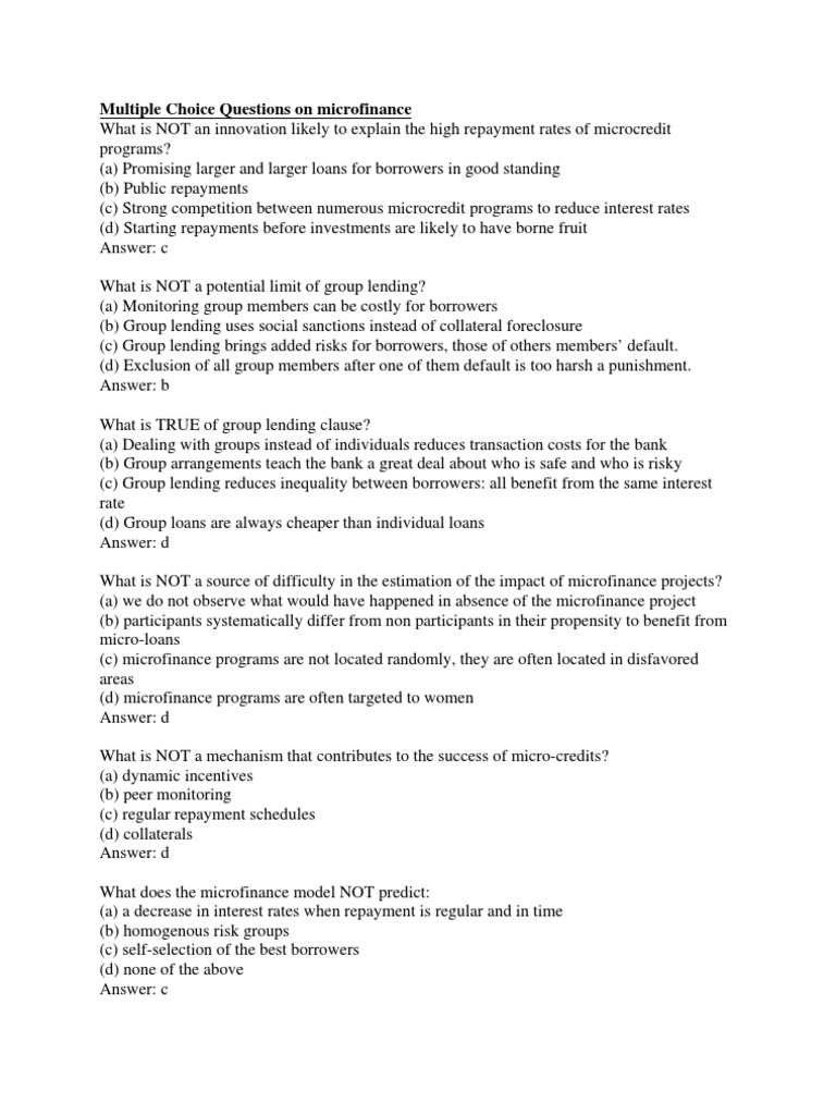 Microfinance Exam Questions & Answers | PDF | Microfinance | Microcredit