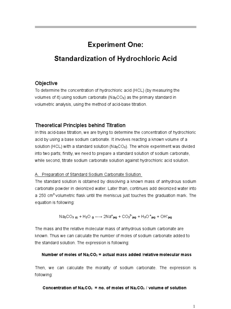 Standardization of Hydrochloric Acid | PDF | Titration | Chemistry