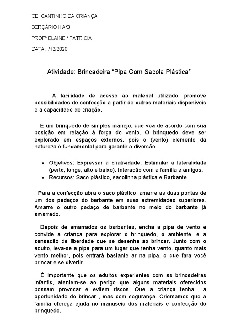 Atividade Lúdica: Pipa de Sacola Plástica | PDF | Ciências Sociais ...