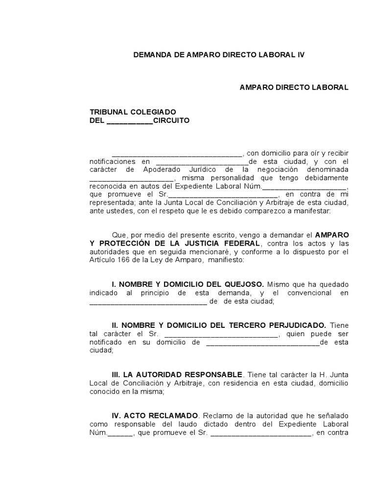 Demanda de Amparo Directo Laboral | PDF | Demanda judicial | Caso de ley