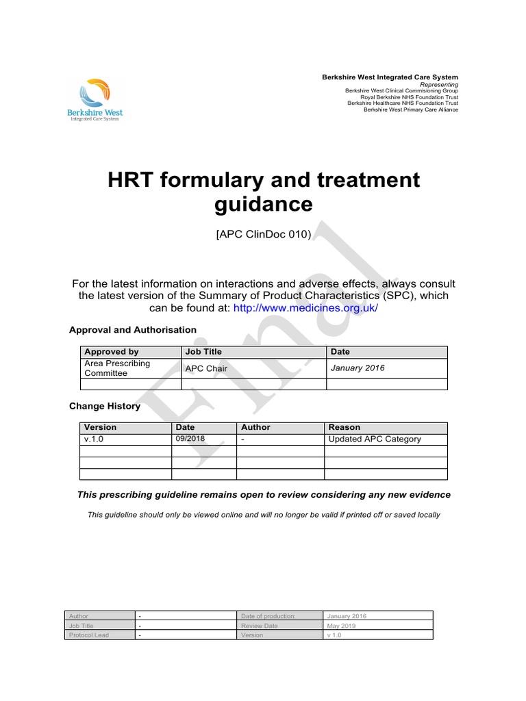 HRT Formulary and Treatment Guidance (Apc Clindoc 010) PDF Hormone