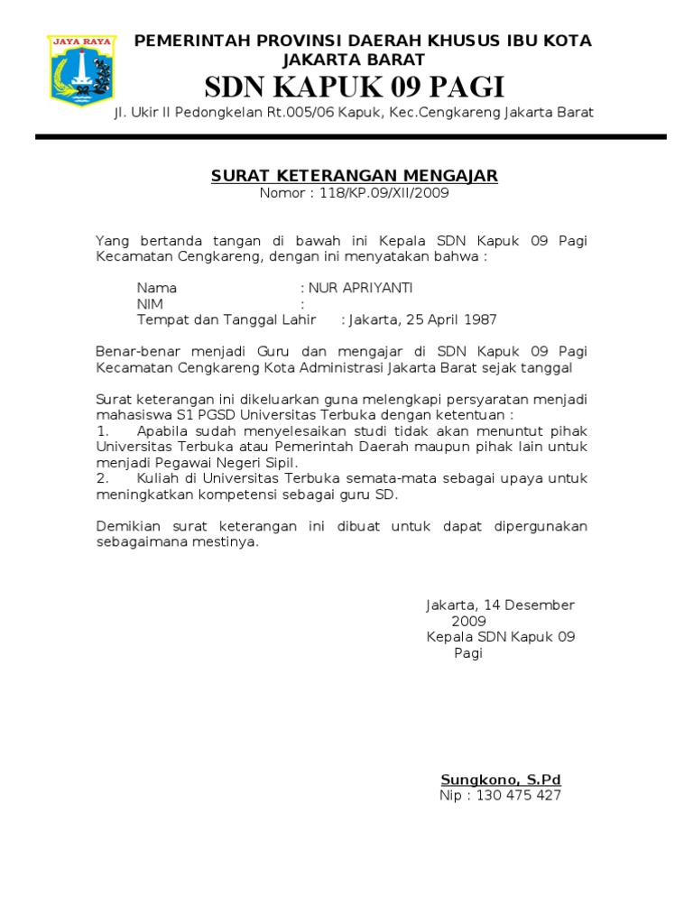 Surat Keterangan Mengajar Ut Kumpulan Contoh Surat