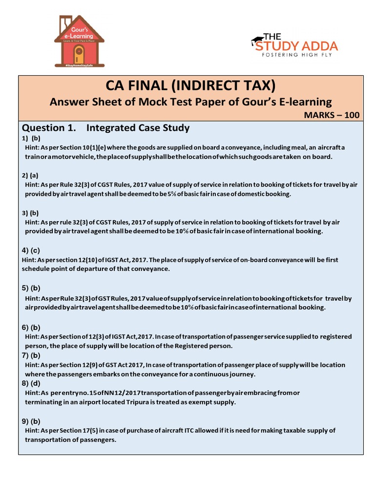 CA Final Indirect Tax Mock Test Answers | PDF | Value Added Tax | Taxes