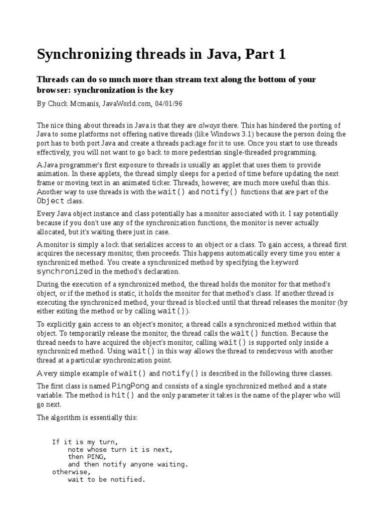 Synchronizing Threads in Java, Part 1 | Download Free PDF | Java ...