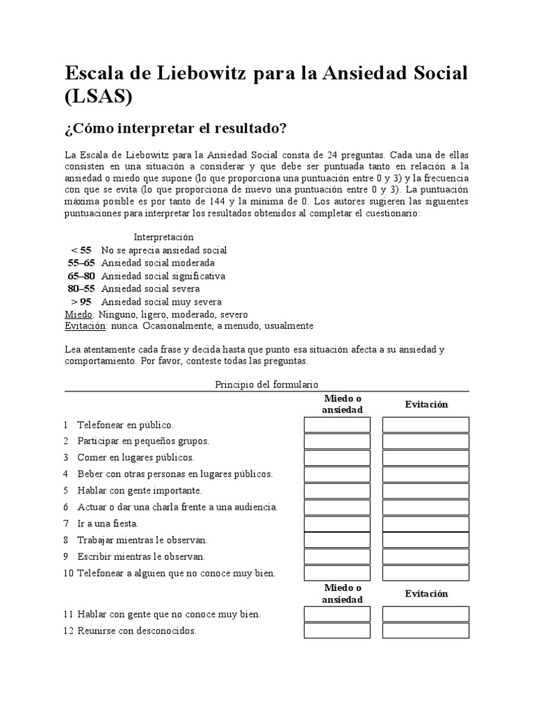 Interpretación de la Escala de Liebowitz LSAS | PDF | Ansiedad ...