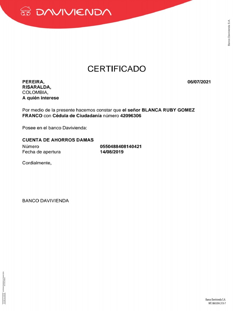 Certificacion Bancaria Davivienda Blanca Gomez Julio 6 | PDF