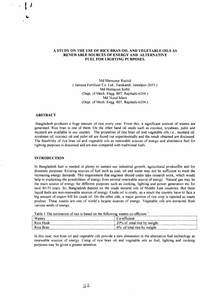 A Study On The Use of Rice Bran Oil and Vegetable Oils As Renewable