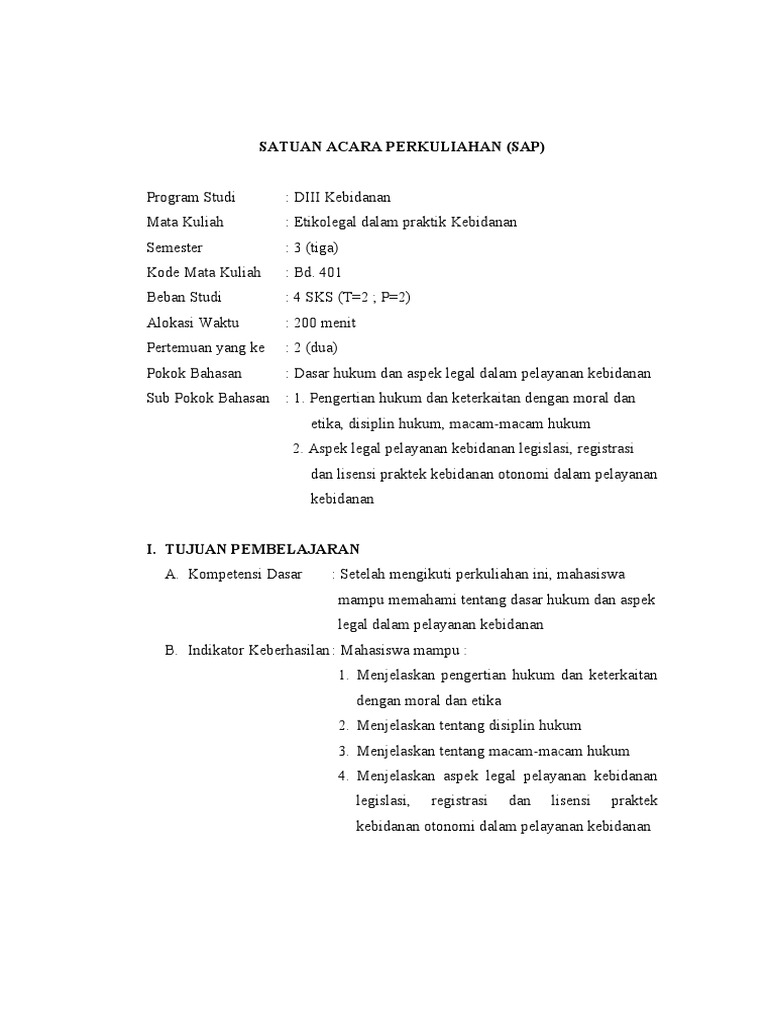 SATUAN ACARA PERKULIAHAN Materi 2 | PDF