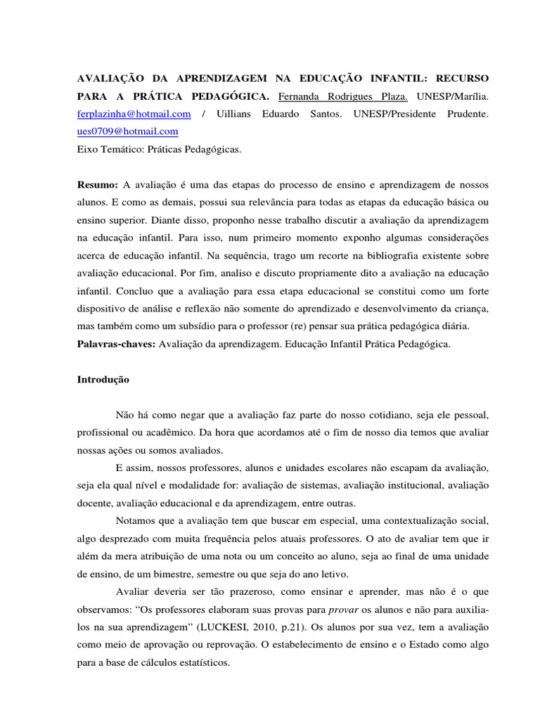 Avaliação na Educação Infantil: Práticas e Desafios | PDF | Aprendizado ...