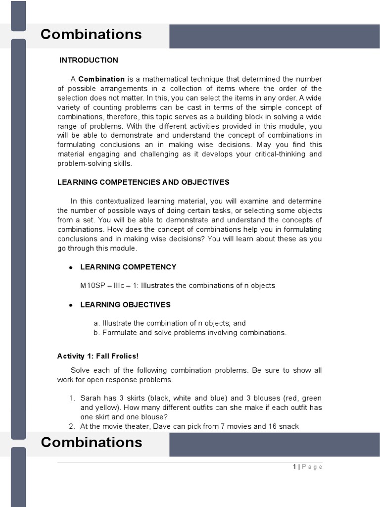 Combinations Project PDF Numbers Mathematics