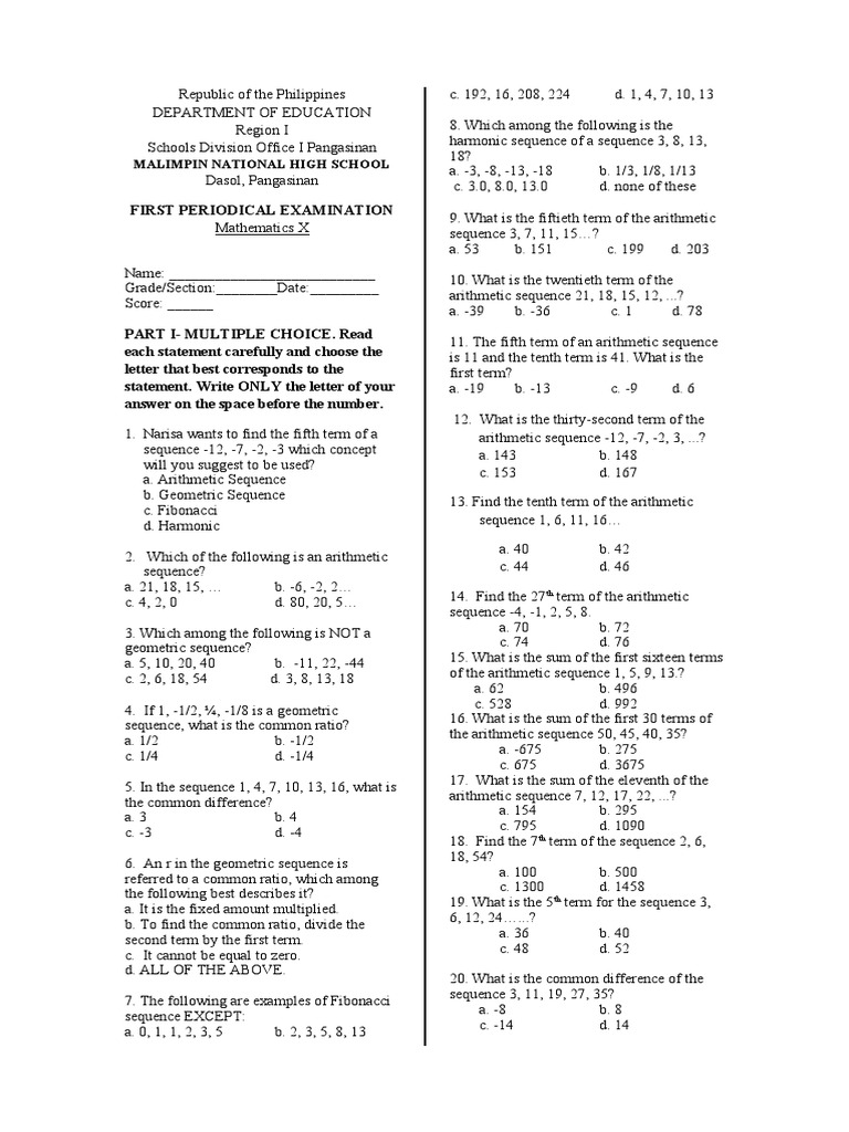 Mathematics Periodical Exam - Grade 10 | PDF | Arithmetic | Elementary ...