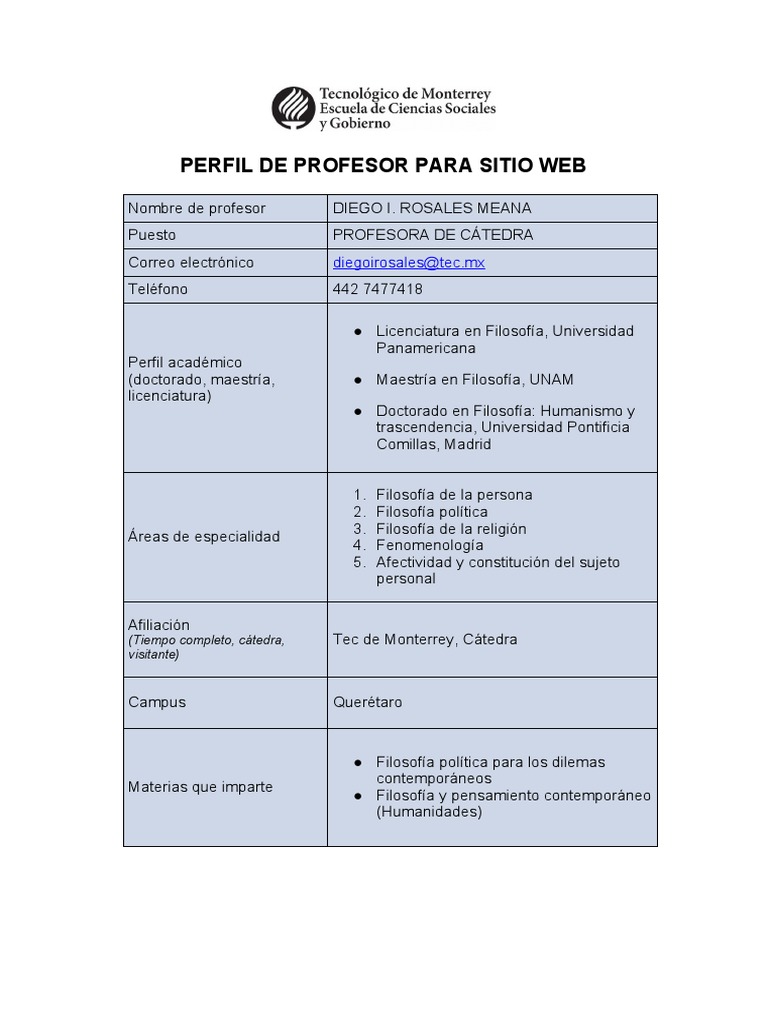 Perfil académico y profesional del Dr. Diego I. Rosales Meana, profesor de cátedra de filosofía