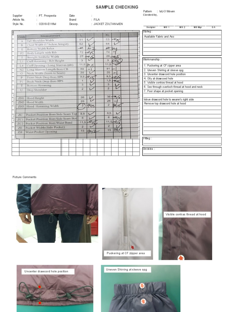 FILA Men's Jacket Quality Check Report | PDF | Seam (Sewing) | Clothing