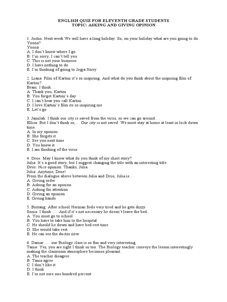 Soal Asking And Giving Opinion Pdf