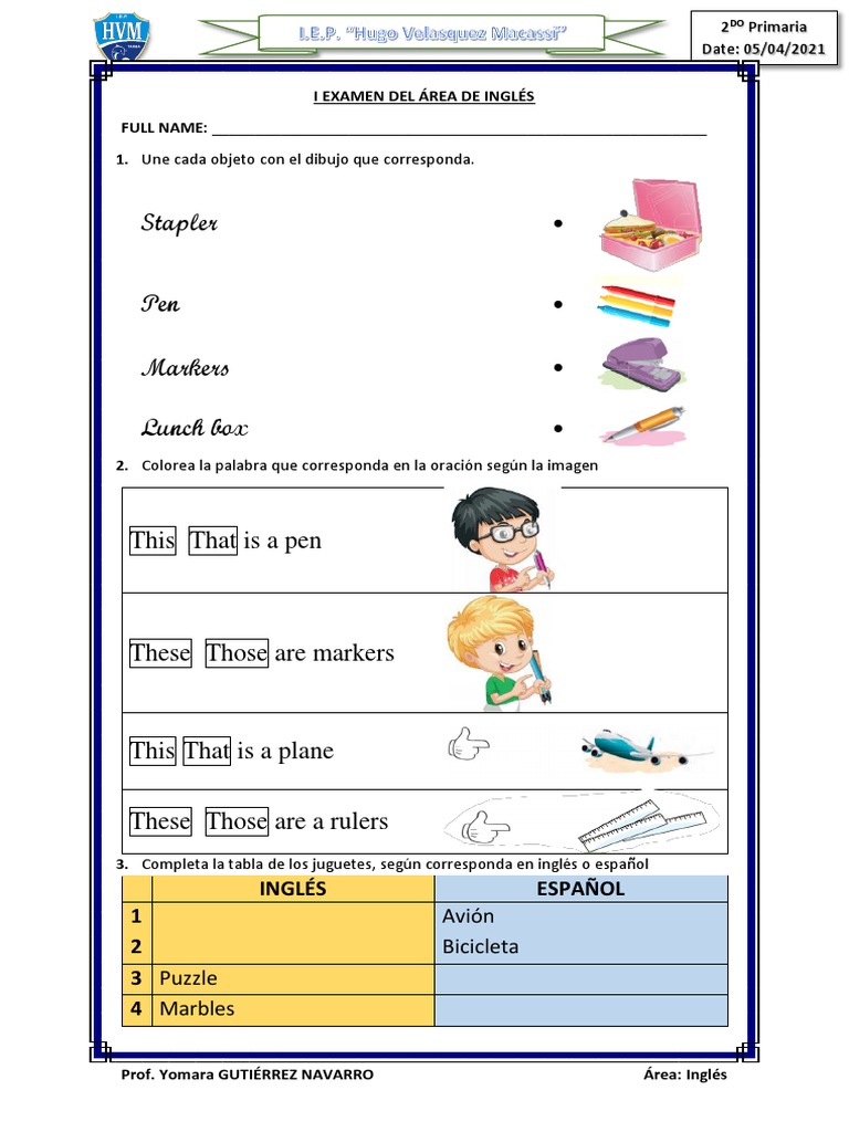 Examen de Inglés para 2do Primaria | PDF | Estudios de idiomas ...