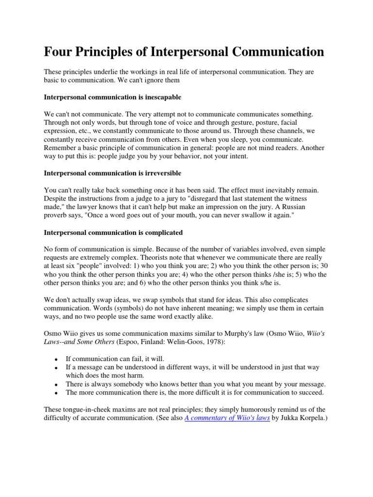 Four Principles of Interpersonal Communication Handout Net | PDF ...