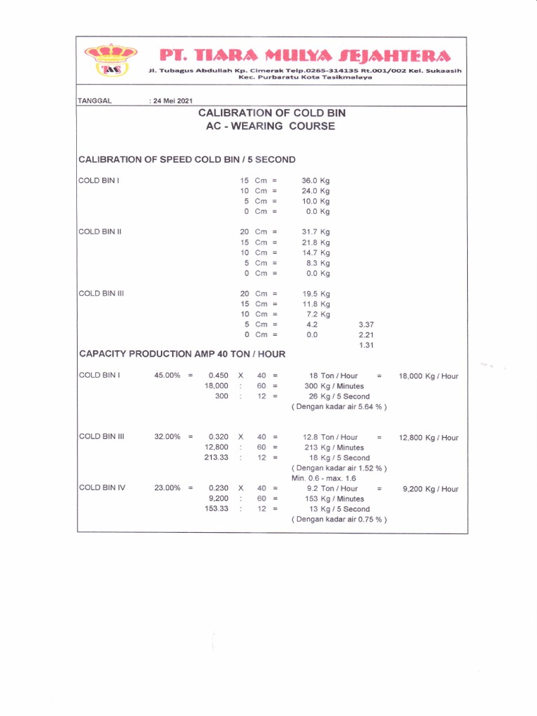Calibration Report for Cold Bins | PDF