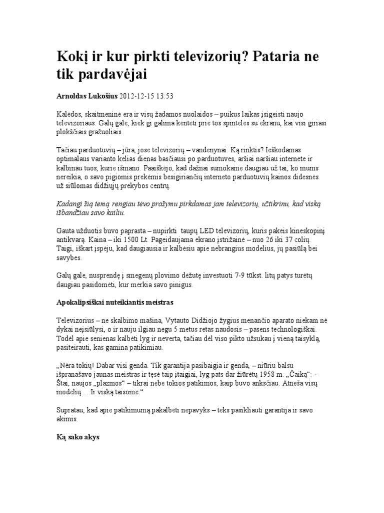 Kokį Ir Kur Pirkti Televizorių Pataria Ne Tik Pardavėjai PDF