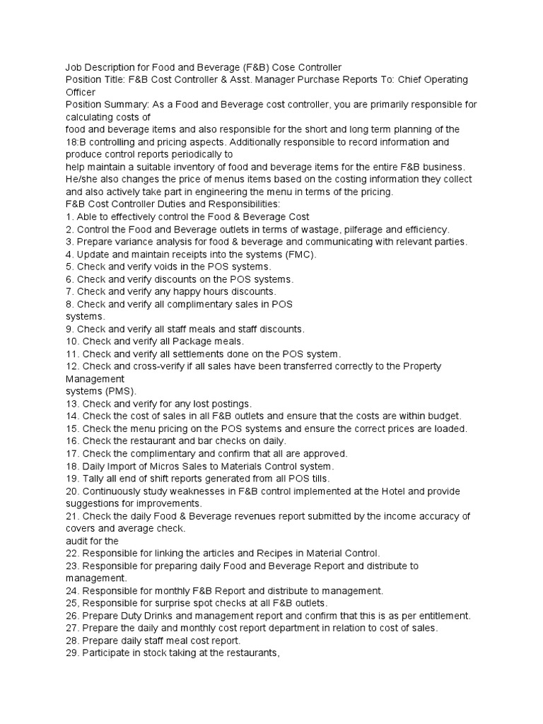 Job Description For Food and Beverage (F&B) Cost Controller PDF Point Of Sale Procurement