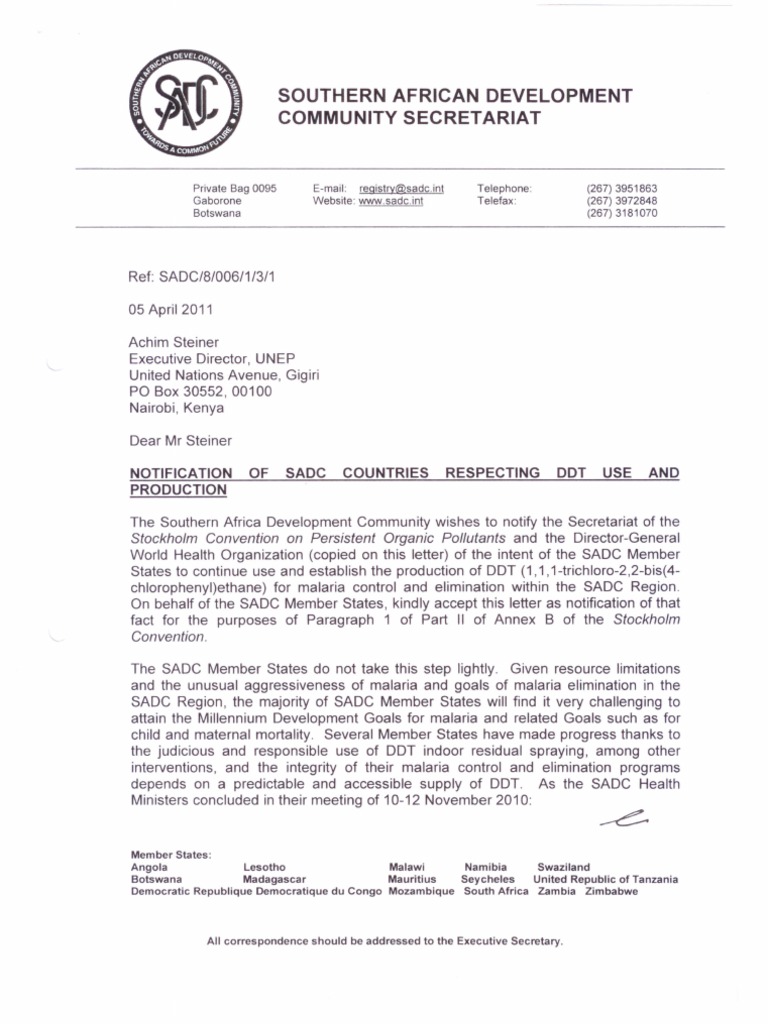 SADC Notification on DDT Use for Malaria | PDF | International ...