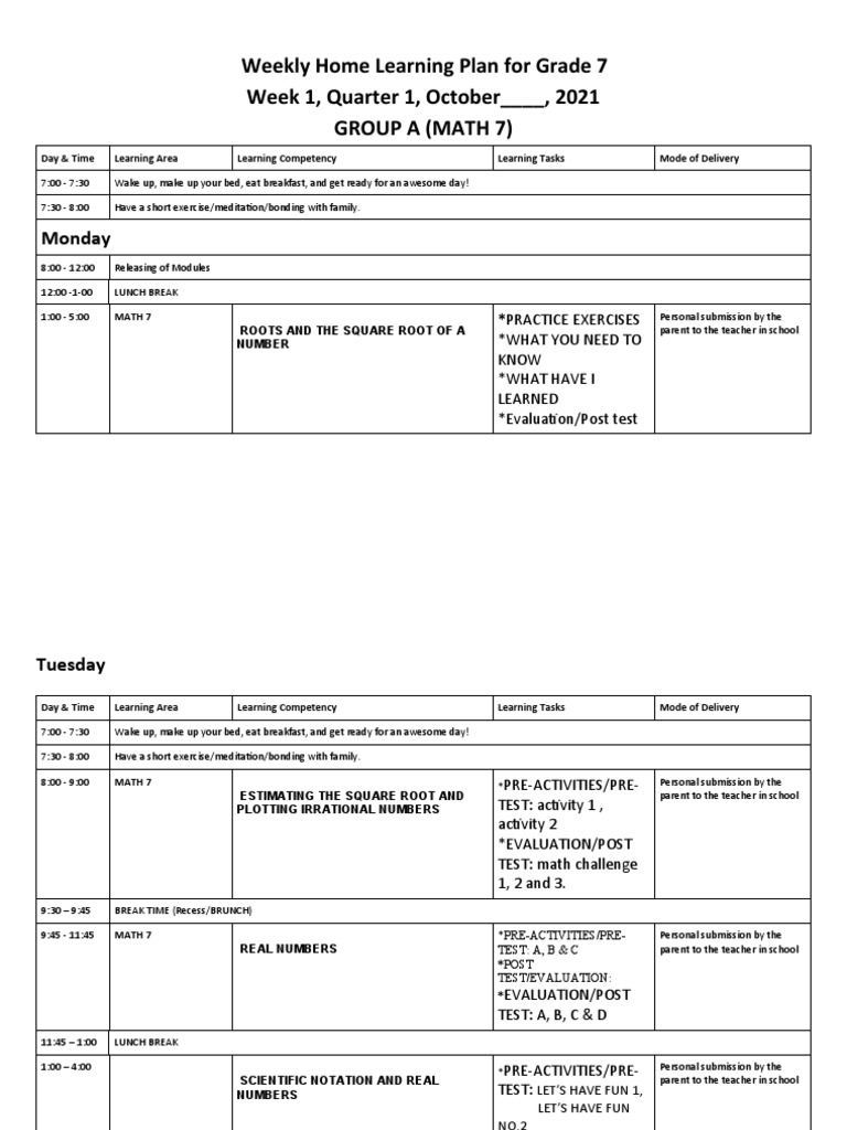 Grade 7 Weekly Math Learning Plan | PDF | Applied Psychology ...