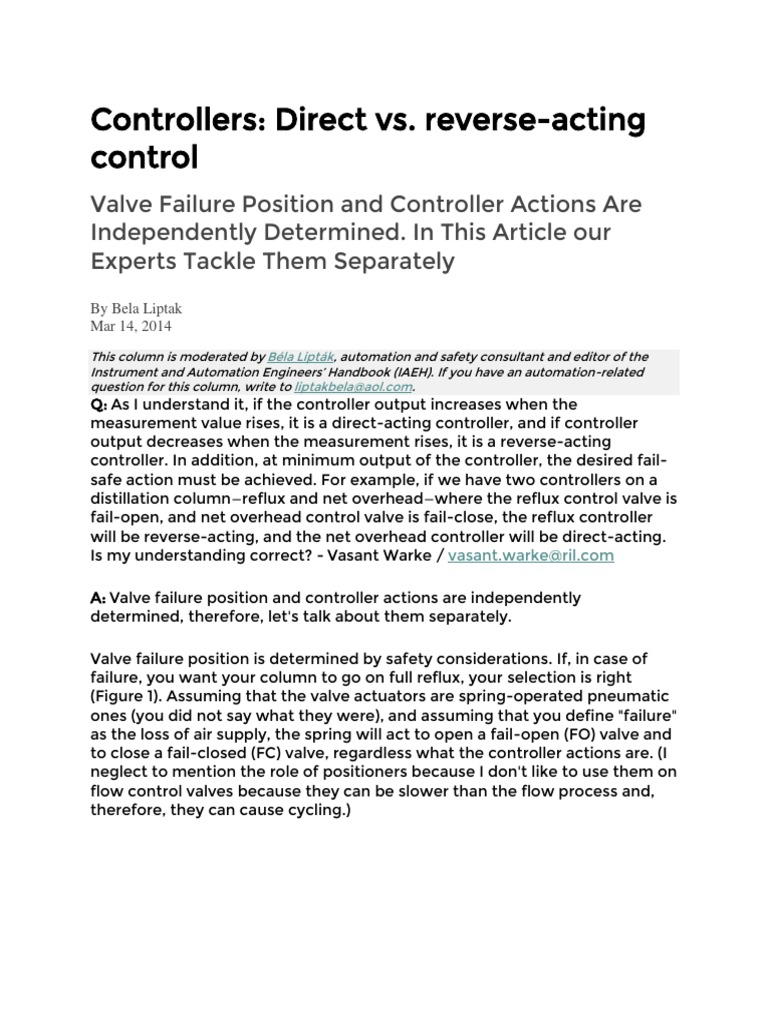 Direct vs. Reverse Acting Controllers | PDF | Valve | Electrical ...