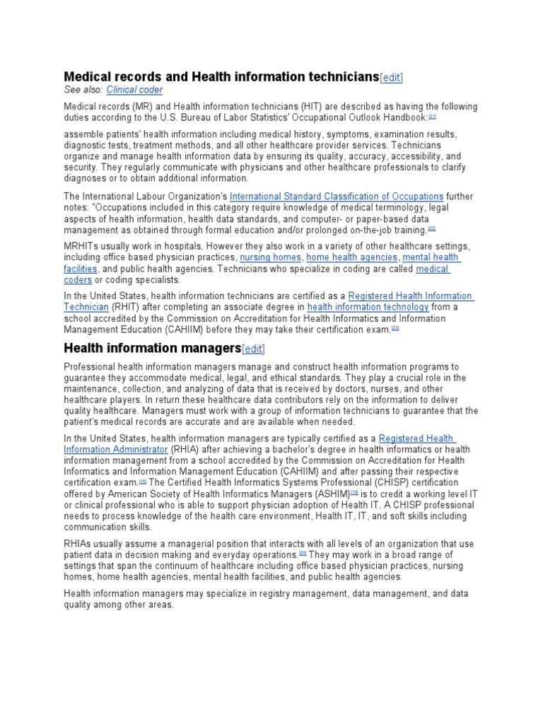 Medical Records and Health Information Technicians PDF Health Informatics Health Sciences