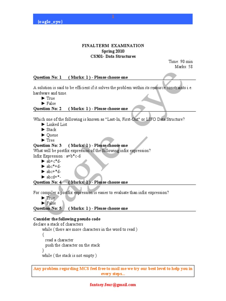 CS301 Data Structures Final Exam 2010 | PDF | Array Data Structure ...