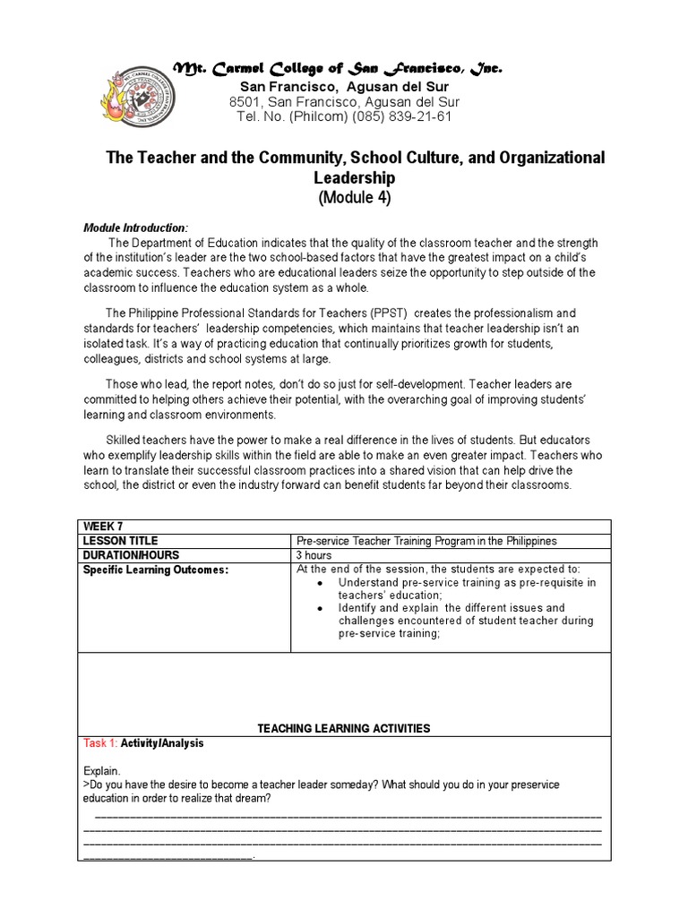 FTC 3.4 Module 4 WK 7 8 The Teachers Organizational Leadership