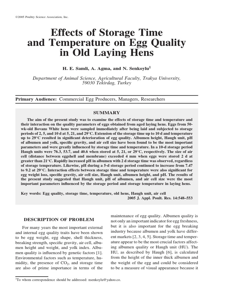 Effects of Storage Time and Temperature On Egg Quality in Old Laying ...