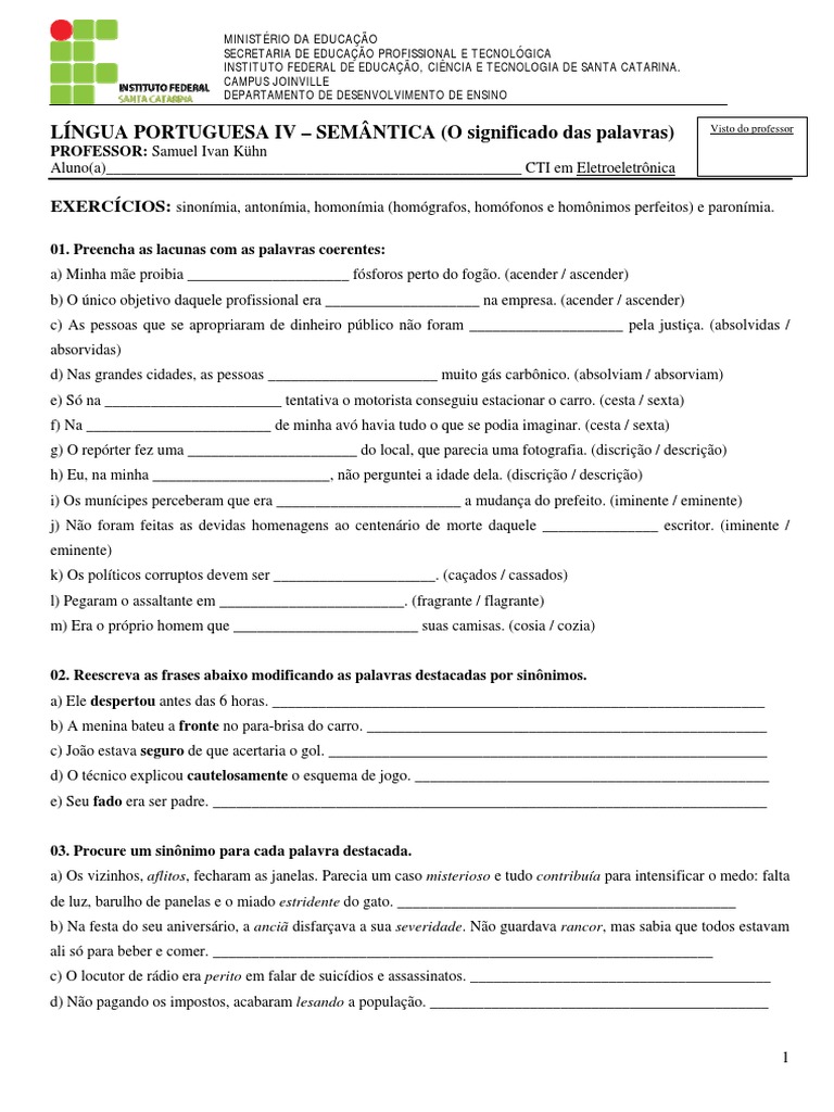 Exercícios de Semântica: Sinonímia e Antônimia | PDF | Metáfora