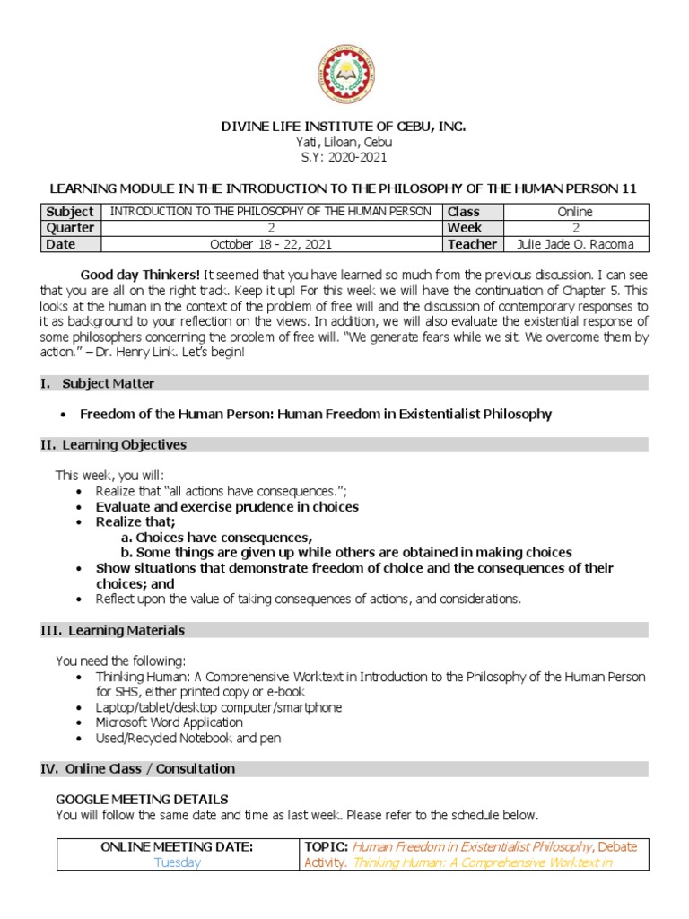 Philosophy Module Week 2 Pdf Existentialism Free Will