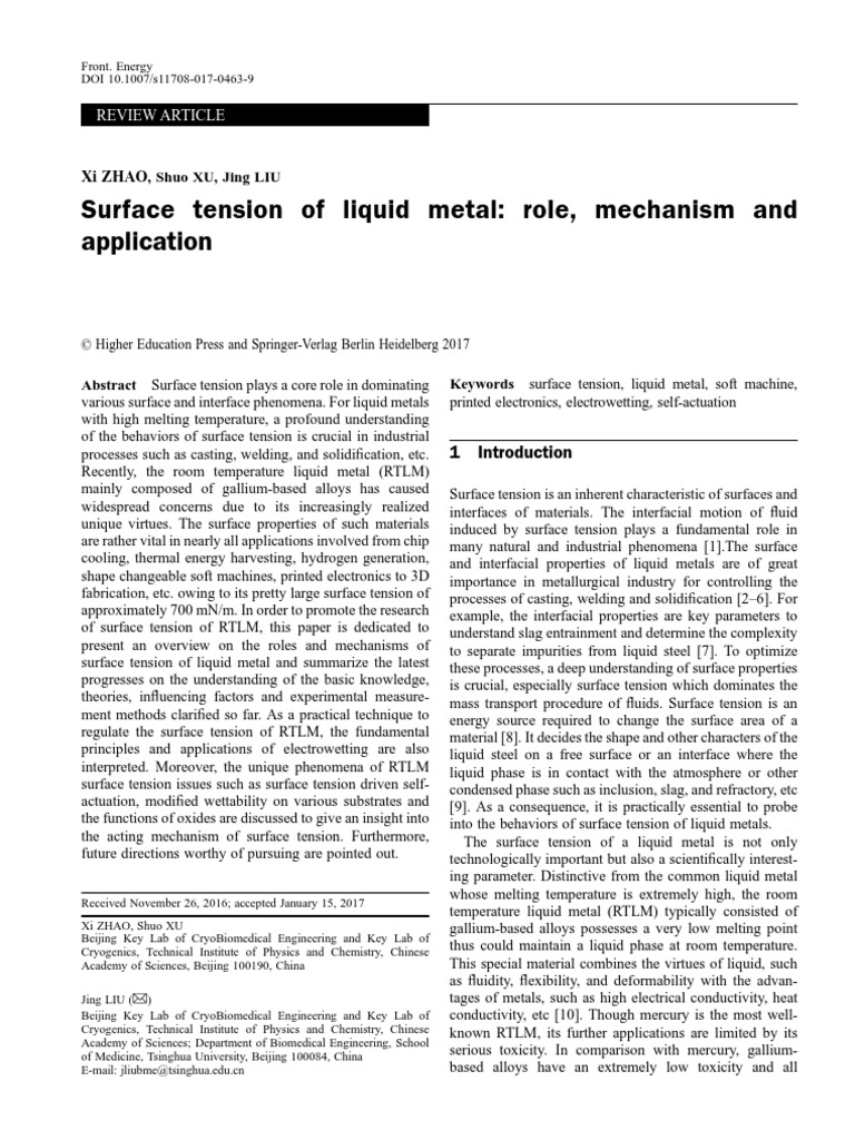 Surface Tension of Liquid Metal Role, Mechanism and Application PDF