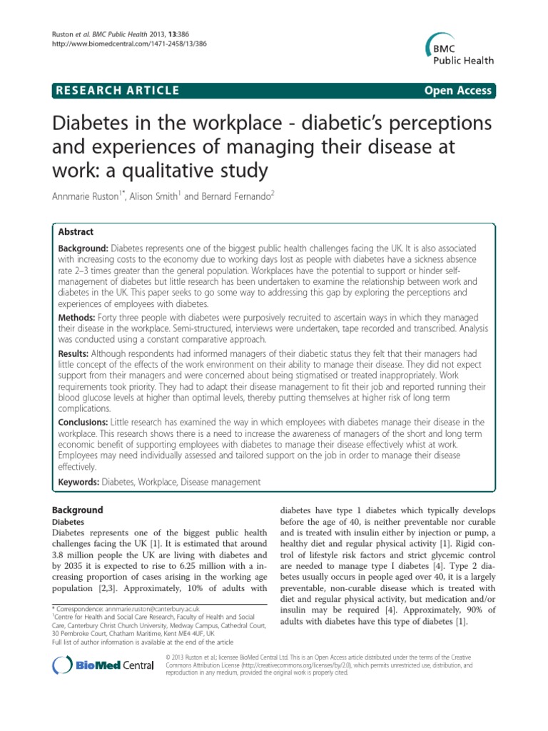 Diabetes in The Workplace Diabetic's Perceptions and Experiences of