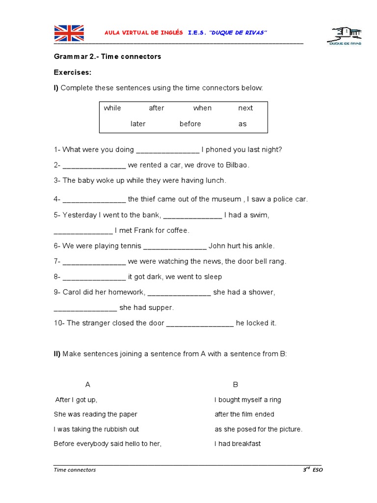 Grammar 2 Time Connectors. Exercises and Answer Key PDF