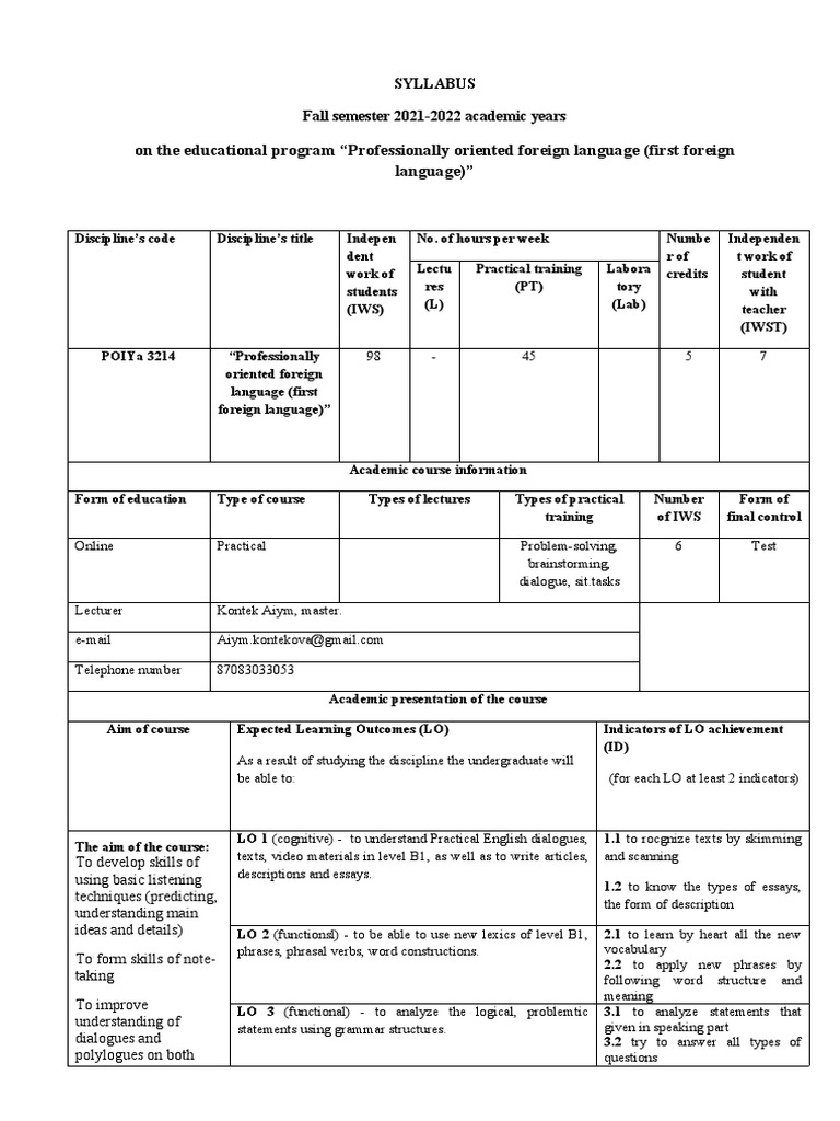 Professionally Oriented Foreign Language Syllabus | PDF | Essays | Phrase