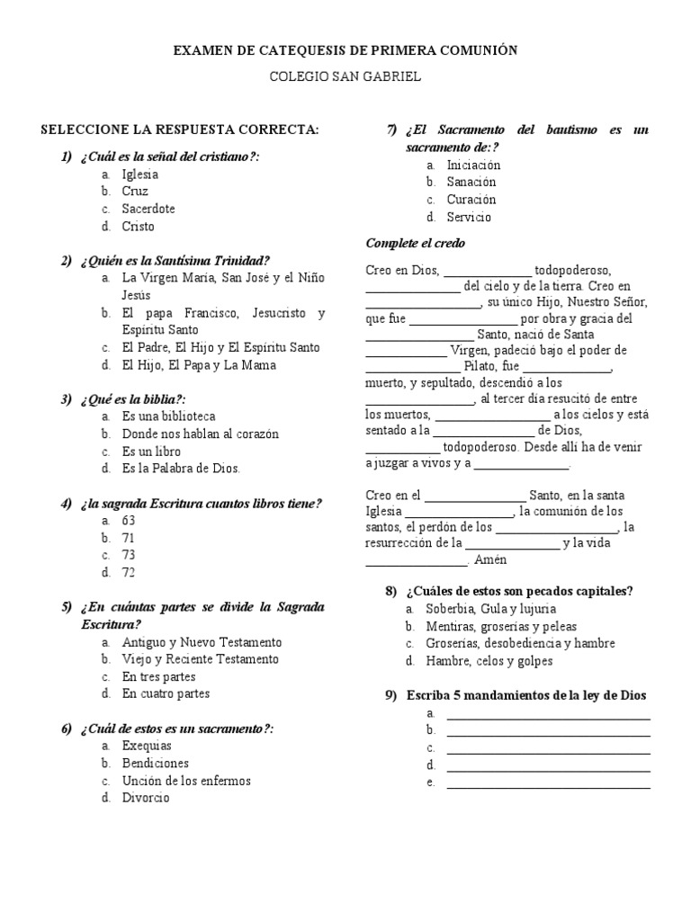 Examen Primera Comunion PDF eucaristía María, madre de Jesús