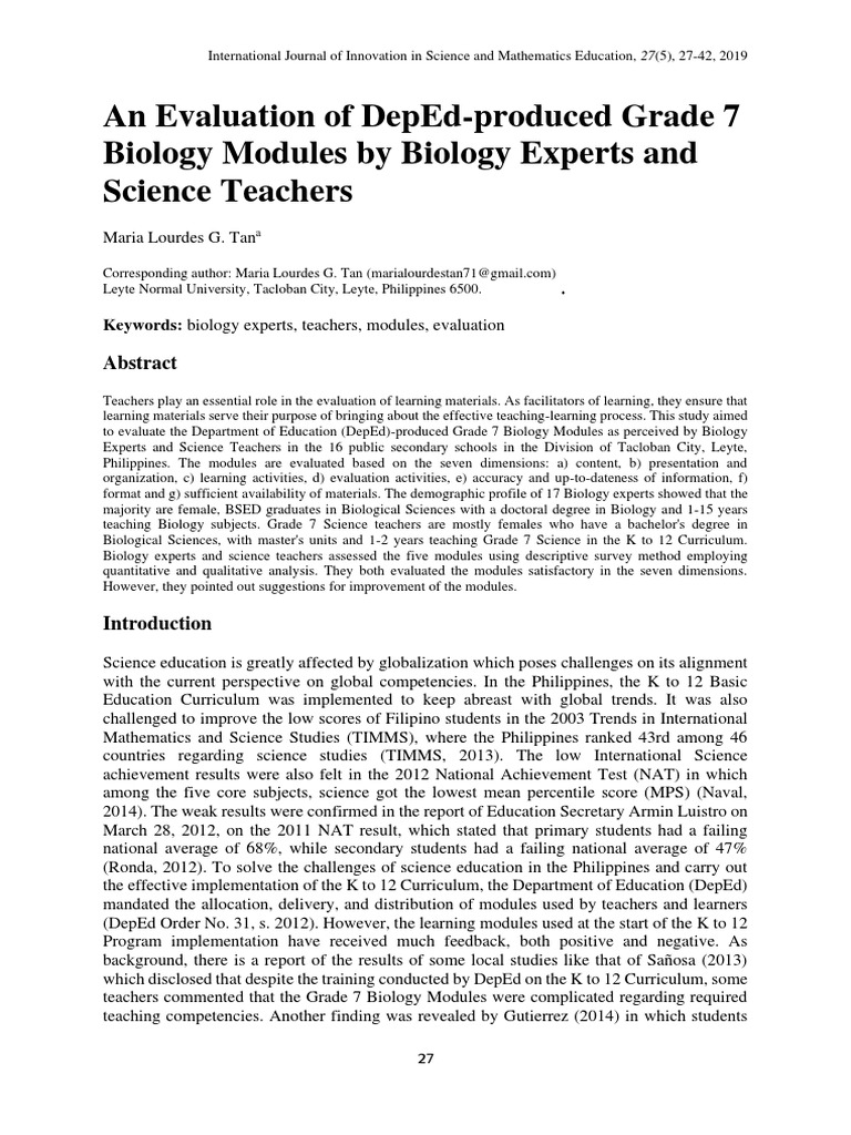 Evaluation of Grade 7 Biology Modules | PDF | Curriculum | Teachers