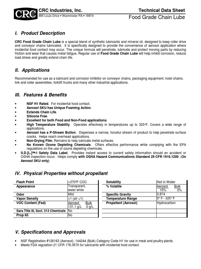 TDS Food Grade Chain Lube PDF Materials Chemistry