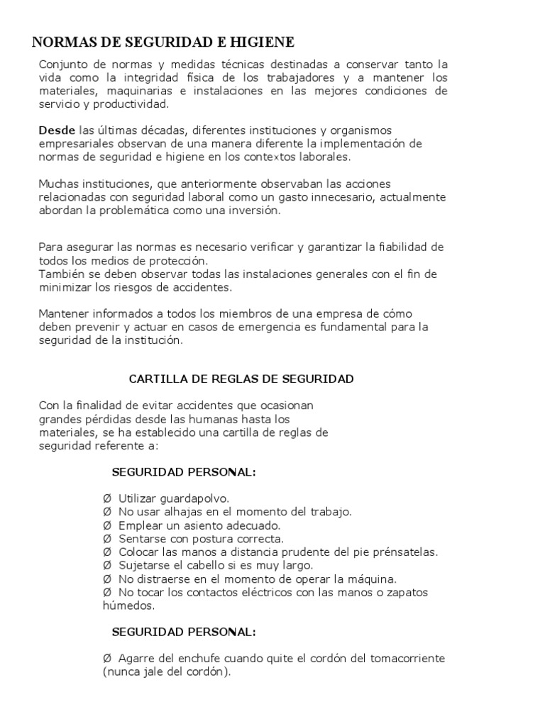 Normas de Seguridad e Higiene Laboral | PDF | Seguridad y salud ocupacional